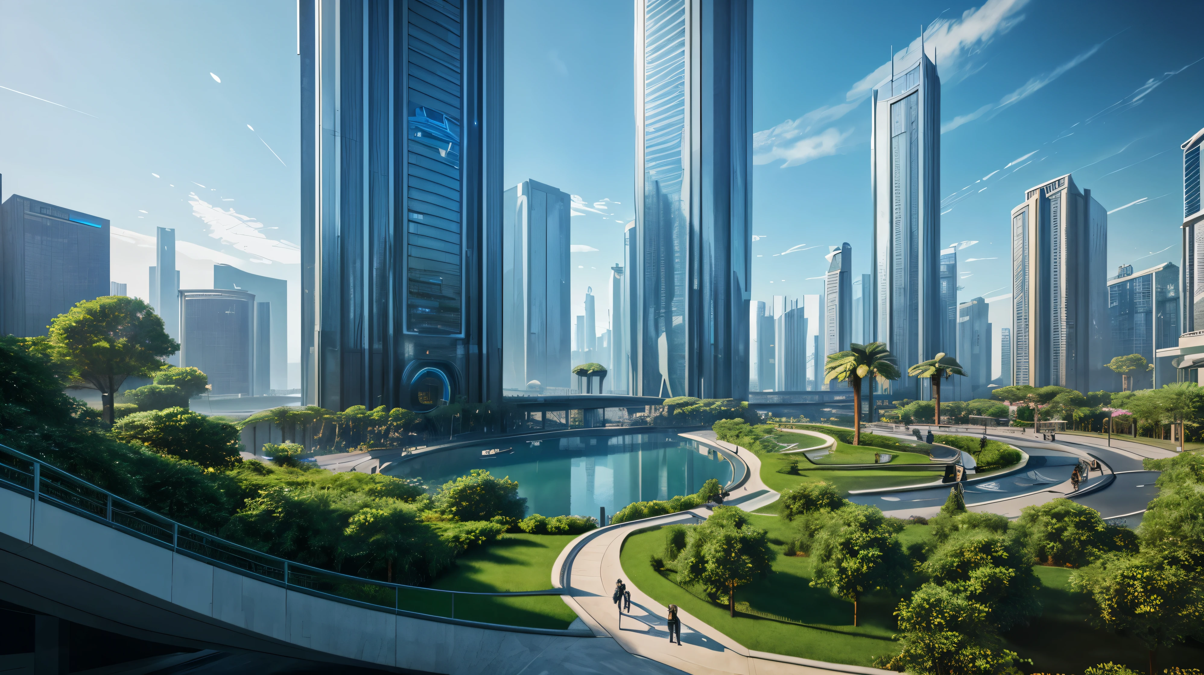 scifi, beautyful futuristic park, architectual, organic skyscraper, cyberpunk, futuristic, lake, people, hightech, hard-surface design, daylight, much tech, much electronic, very cozy, ambient light, realistic view, wide angle, year 2224