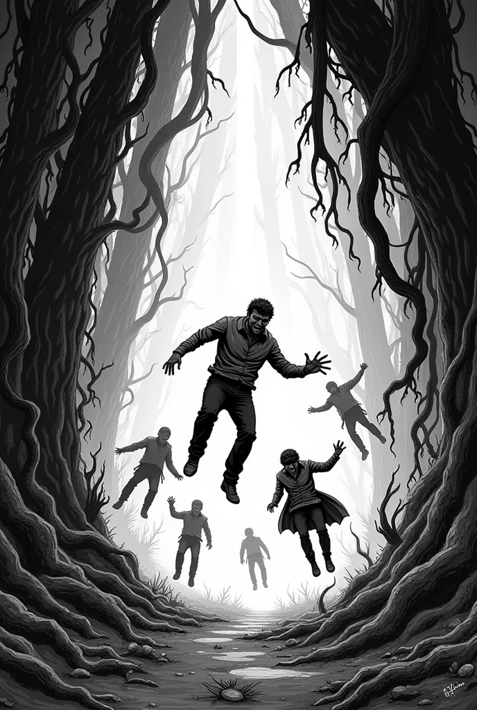 Create a lineart illustration Scene: The Fall into the Dark Forest: Capture the moment when the characters are thrown into the forest. The illustration can show the violent impact with the ground, the look of terror on their faces, and the dark and fetid atmosphere of the forest.