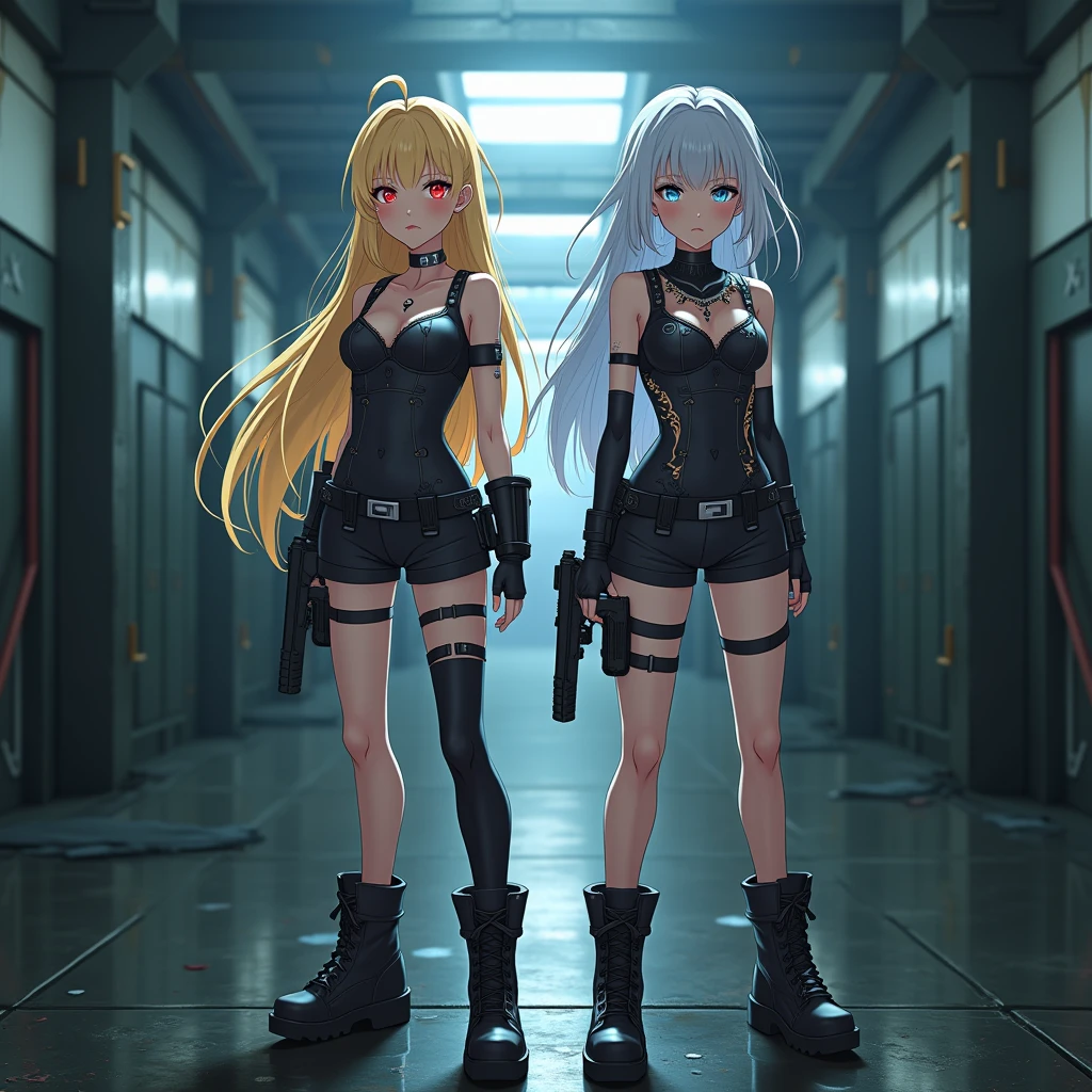 Highest quality、High resolution、8k、masterpiece、((Anime Style))、
Vibrant colors、World-class professional animators、
(Beautiful Face、Beautiful Eyes、Beautiful Nose、Beautiful Lips)、
Sharp Focus、Bright colors、Cinema Lighting、 A scene from a movie、Sparkling eyes、(Better Hands and Fingers)、Focus Girl、
1 blonde girl、1 silver-haired girl、Slightly young face、
Red Eye、Combat Operative、
Medium Hair、Serious expression、Full Body Shot、
Cyberpunk Style、Embellished bodysuit、
(Black shorts)、Fingerless long gloves、gun holster belt、Garter Straps、Knee-high socks、Tactical Boots、((Holding a small handgun))、Large Breasts、Abandoned Factory、aisle、