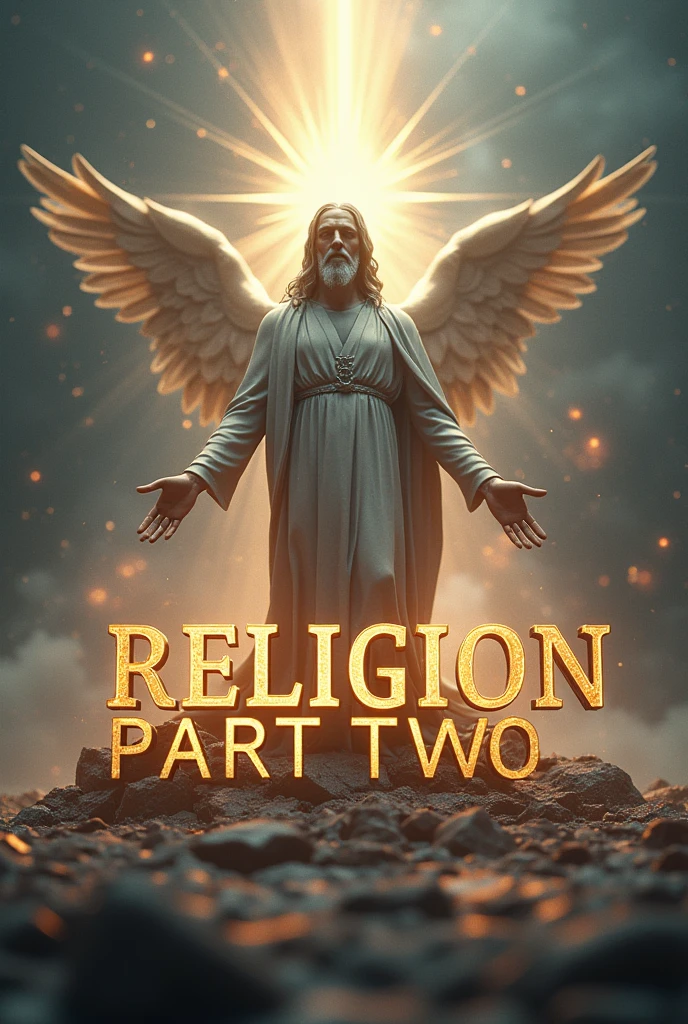 Make a 3D image that says religion part two in the center with the Christian God behind it , without spelling mistakes