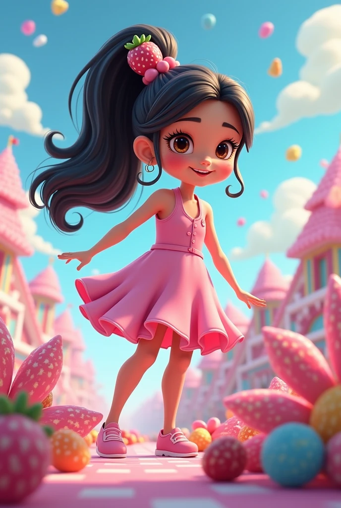 Create a character and base it on Vanelope von Schweetz from Sugar Rush in Wreck-It Ralph , in a candy world, make her have a feminine pink dress, long black hair with strawberry clips with cream and chocolate and a high ponytail held by a donut hair tie, the donut ponytail and strawberry clips are very important, White skin, small nose, pink cheeks with dimples, bushy eyebrows, big brown eyes, long eyelashes, let it be tender, similar to Vanelope, What is a girl, low, that the cartoon style looks like, that is almost identical to Vanelope, chubby girl, story, She is a 10 year old girl 