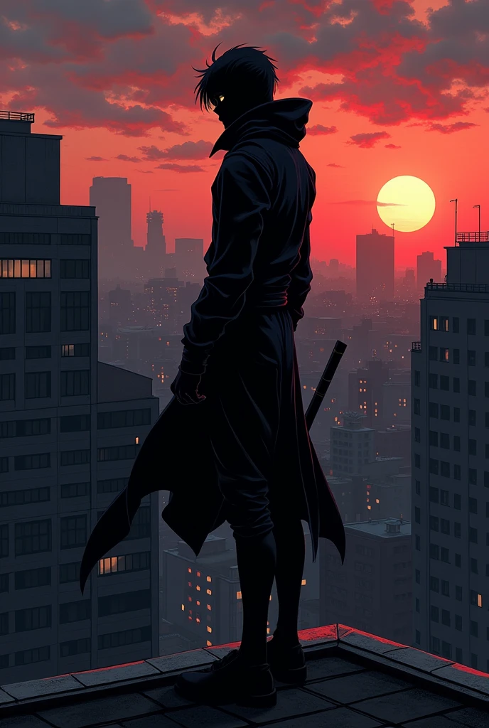 Cree un personnage de manga noir stylé qui est habillé comme un ninja. He is posted on the roof of a building at dusk.