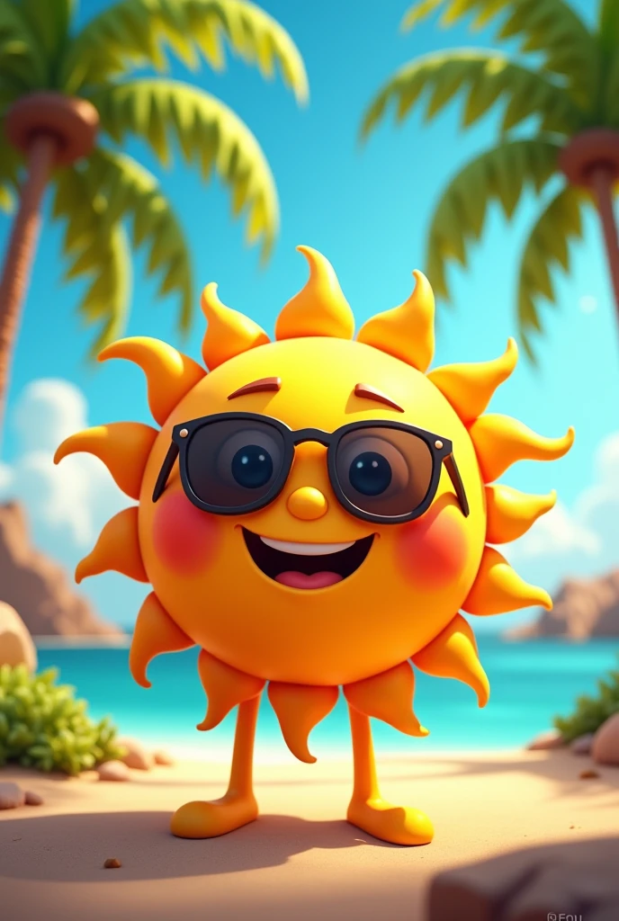 An animated sun with sunglasses, that says tucupita tours in big letters. Behind the sun, palm trees and a lively beach view