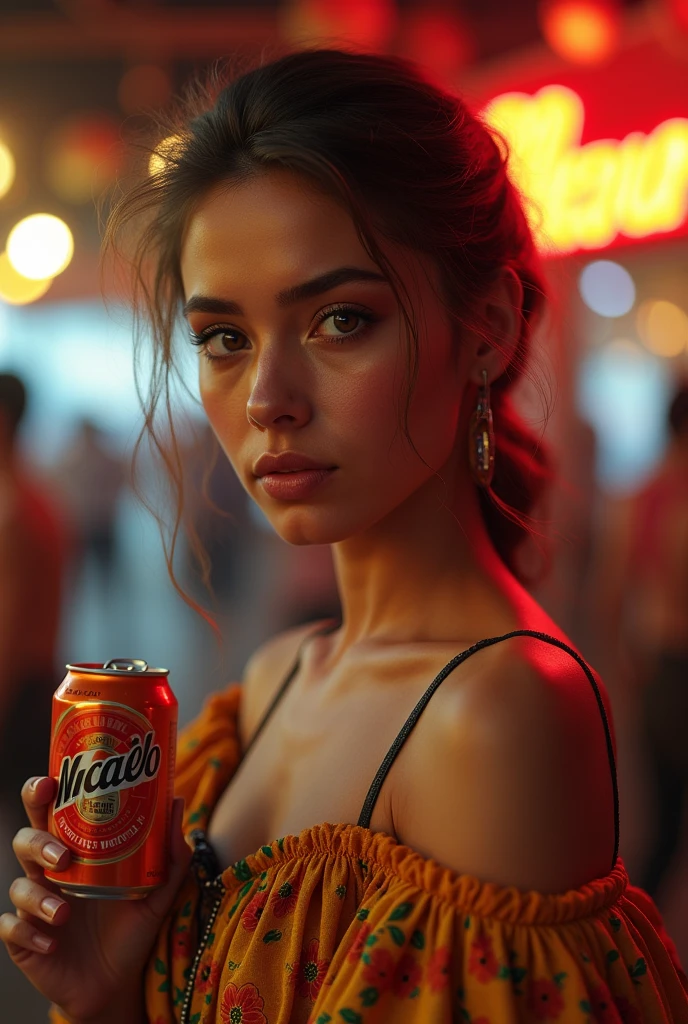 (ultra realistic,32K, masterpiece:1.2),(very detailed skin:1.1),( high quality:1.1), 1 Colombian girl from the Medellin region, Typical Antioquian costume, Beer can in your hand which should be clearly visible, neckline,(looking at the viewer, standing:1.1),(neon light with soft shadow:1.1), flower fair theme, blurred background,