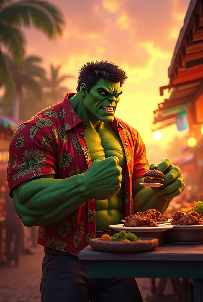 Nice and friendly Dr. Hulk have meals at street food market place at late afternoon with beautiful sunset