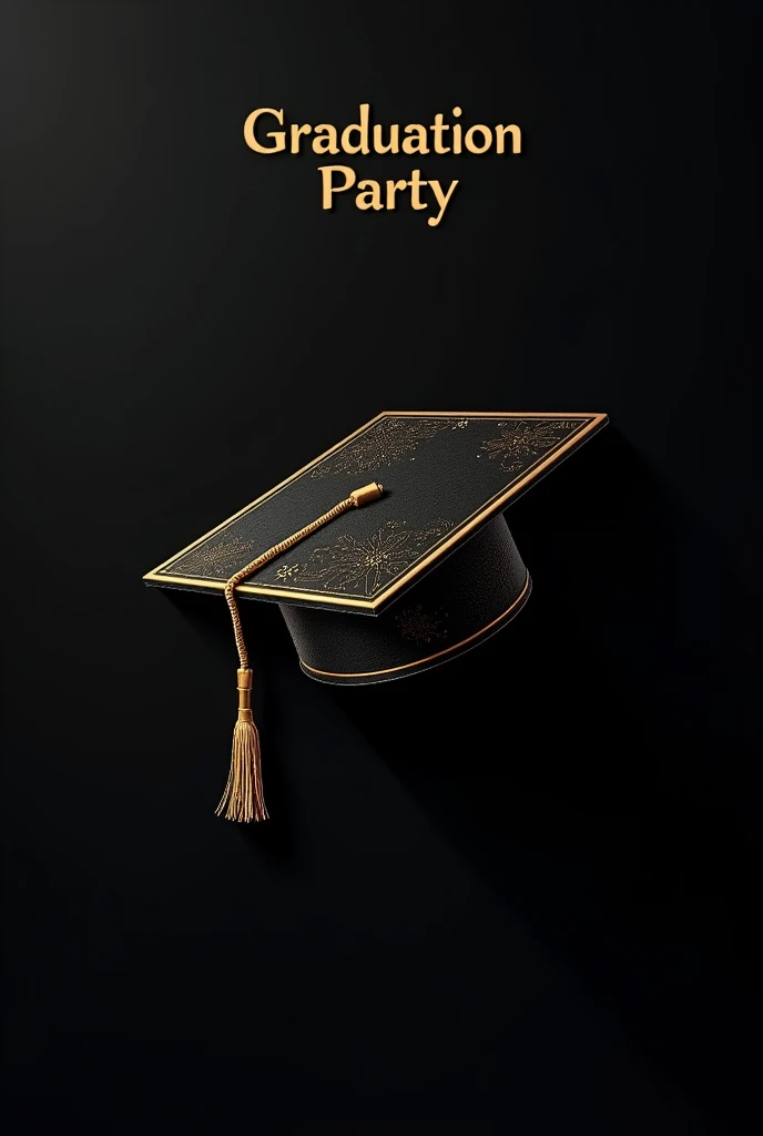 Give me the black background with few but elegant golden details as a graduation cap for a graduation invitation card and at the top it says graduation party