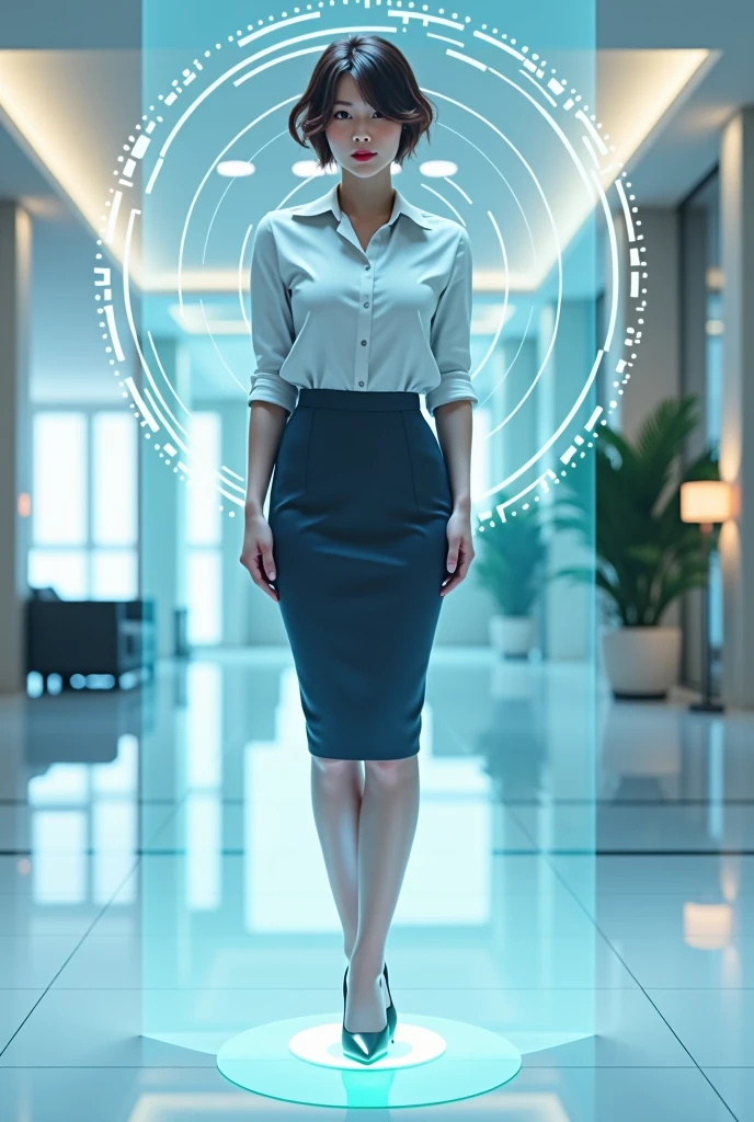 (photorealism:1.2), beautiful woman, brunette, assistant, pencil skirt, 18yo, corporate lobby, white floor and ceiling, blue lighting, hologram, projection, floating above ground, looking at camera, short hair