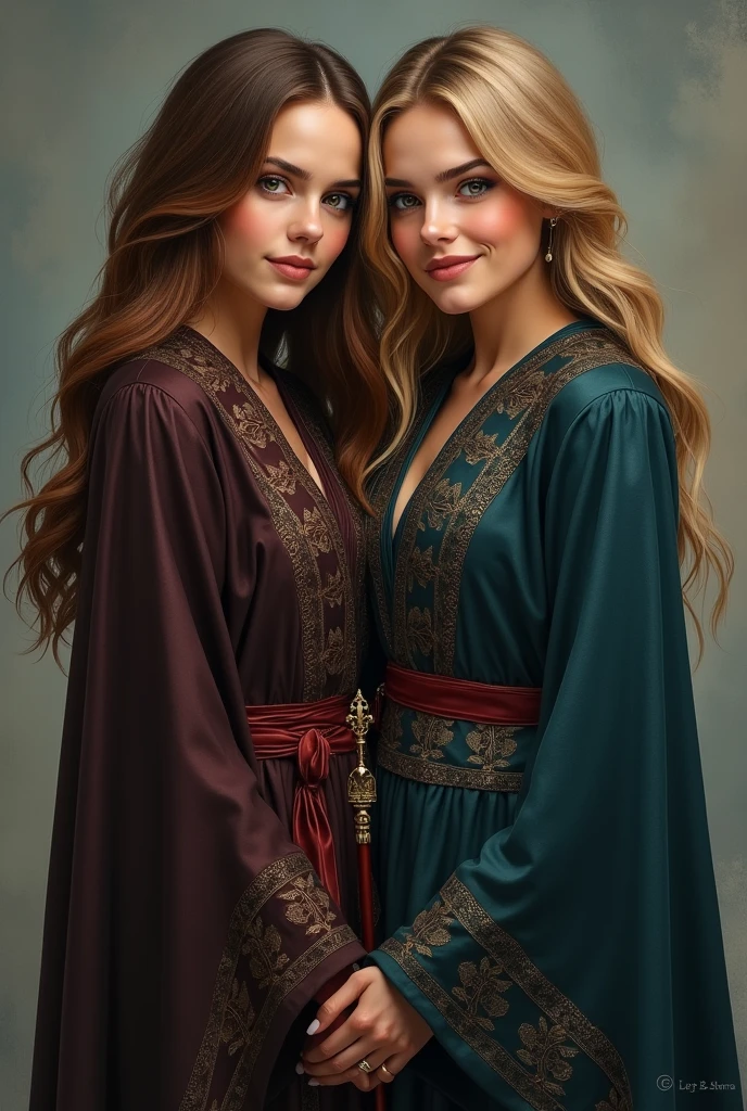 Adult realistic Emma Watson  with brown eyes  in a robe and a wand stands side by side with  other adult a blue-eyed blonde in the same robe and wand as Emma Watson. The girls are smiling. Both girls look very exquisite