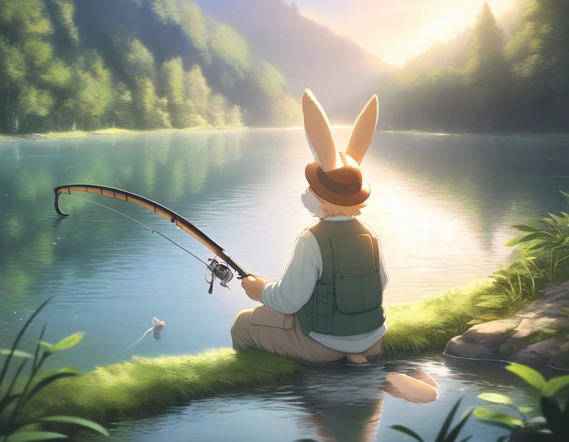 ((Masterpiece)), ((Best Quality)), (Very Detailed), ((Very Detailed)), 4K, (8K), very aesthetic, absurdres highres, 1 man, (anthropomorphic Rabbit, furry, kemono:1.5), A scene in which a fisherman catches a fish in a river surrounded by a lush green forest and illuminated by the setting sun. The angler is wearing a fishing hat, fishing vest, long-sleeved shirt, and pants, and his facial expressions are realistically depicted. The fishing rod has a detailed depiction of the reel, fishing line, and hook. The fish I caught was a salmon, and its scales reflected the light and sparkled. In the background, a quiet lake spreads out, and the water is clear and flowing quietly. The overall atmosphere is peaceful and relaxing.


