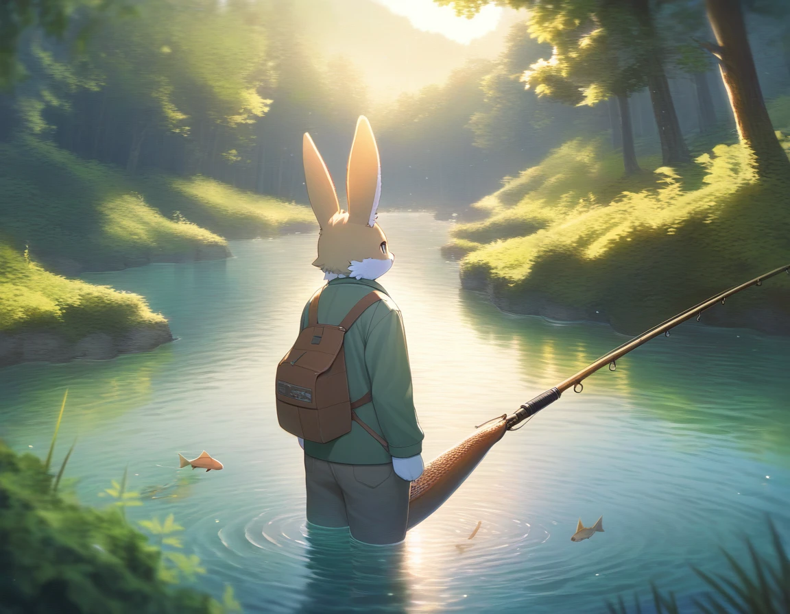 ((Masterpiece)), ((Best Quality)), (Very Detailed), ((Very Detailed)), 4K, (8K), very aesthetic, absurdres highres, 1 man, (anthropomorphic Rabbit, furry, kemono:1.5), A scene in which a fisherman catches a fish in a river surrounded by a lush green forest and illuminated by the setting sun. The angler is wearing a fishing hat, fishing vest, long-sleeved shirt, and pants, and his facial expressions are realistically depicted. The fishing rod has a detailed depiction of the reel, fishing line, and hook. The fish I caught was a salmon, and its scales reflected the light and sparkled. In the background, a quiet lake spreads out, and the water is clear and flowing quietly. The overall atmosphere is peaceful and relaxing.

