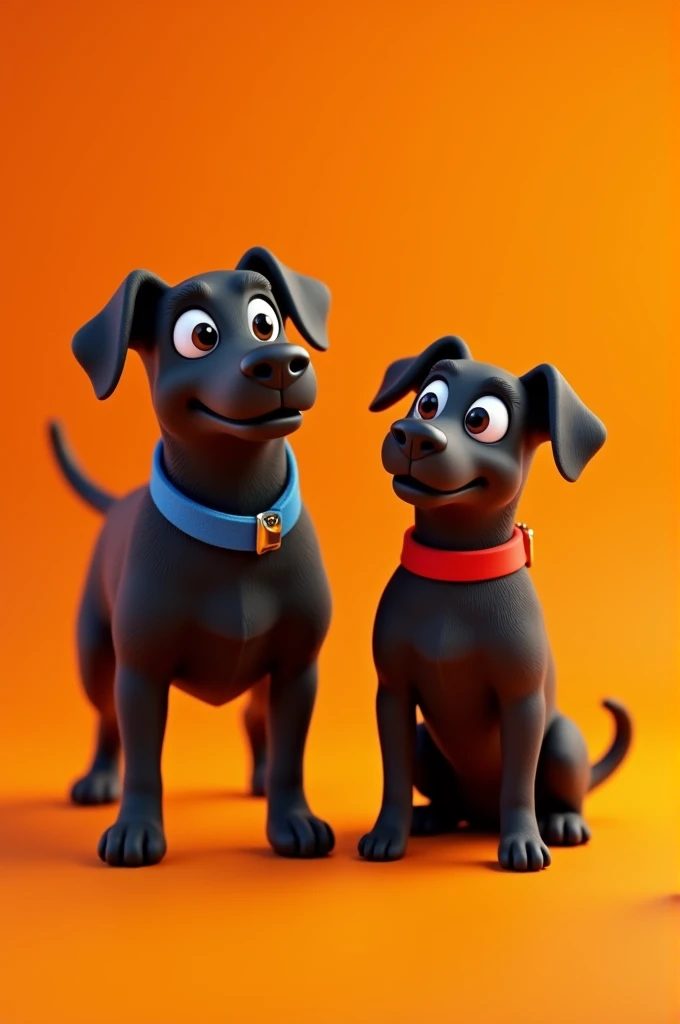 Generates an animated image of two black dogs, one medium with a blue collar and the other a little bigger with a red collar, on an orange background 