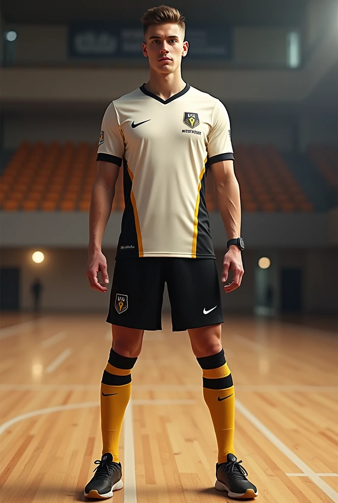 Futsal Uniform Colors: offwhite, black and gold