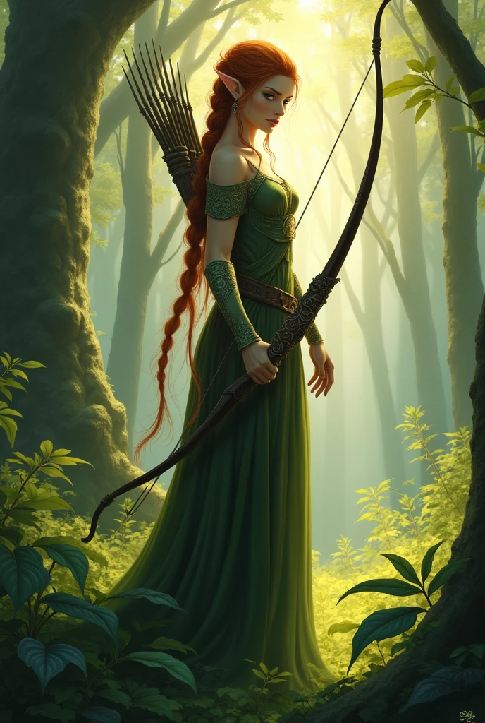 Fantasy: female elf, with bow, in a forest, braided ginger hair, blind on one eye