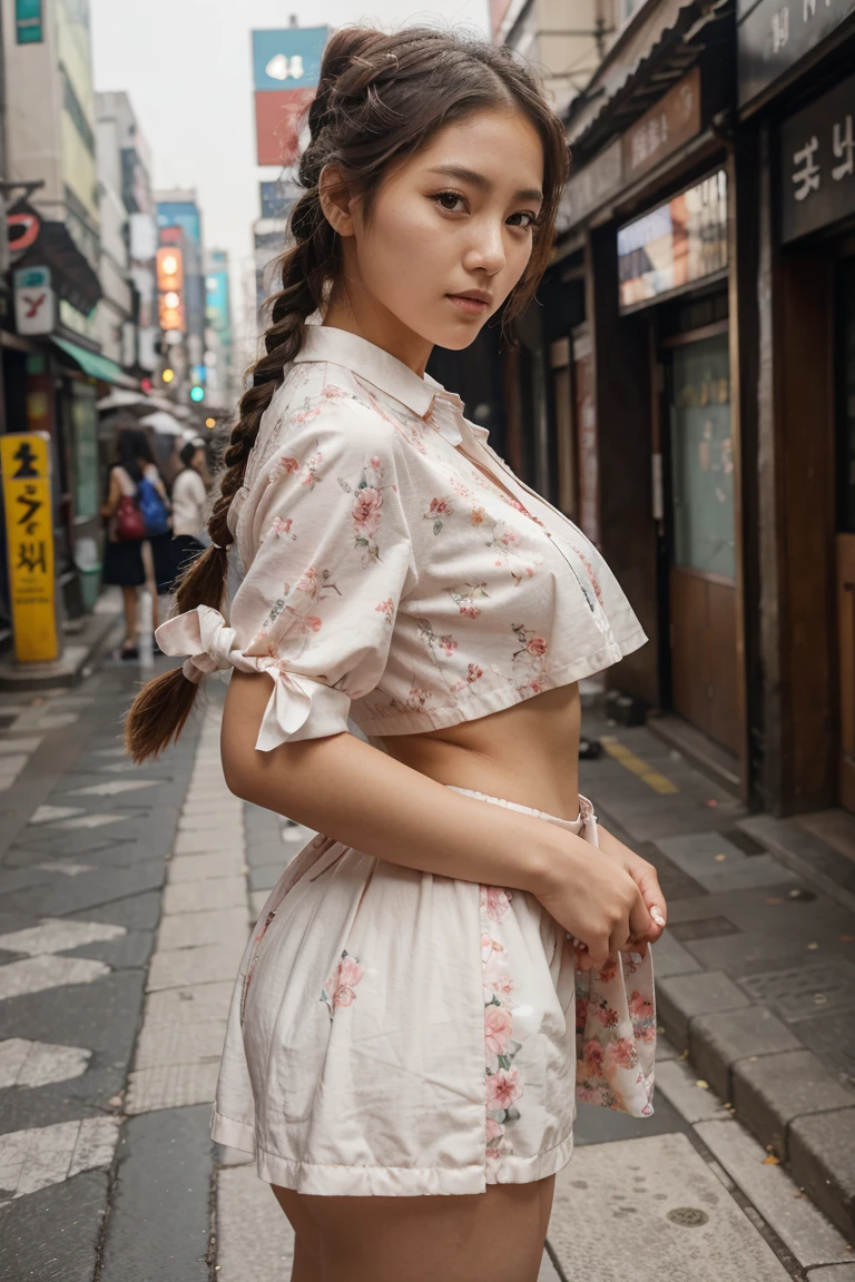 Woman posing in streets of Seoul Korea, big pleated fluffy braids in hair, sexy body, sexy floral outfit