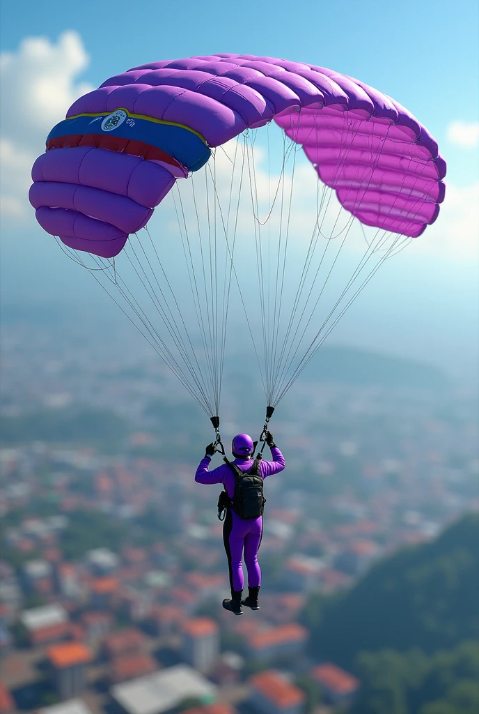 A skydiver with an open canopy in purple with the logo of the Equador post here in the city of Manaus