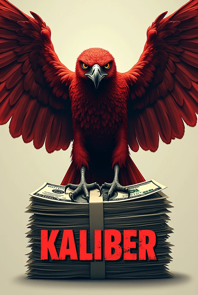 red eyed hawk with stack of money with the word kaliber below it
