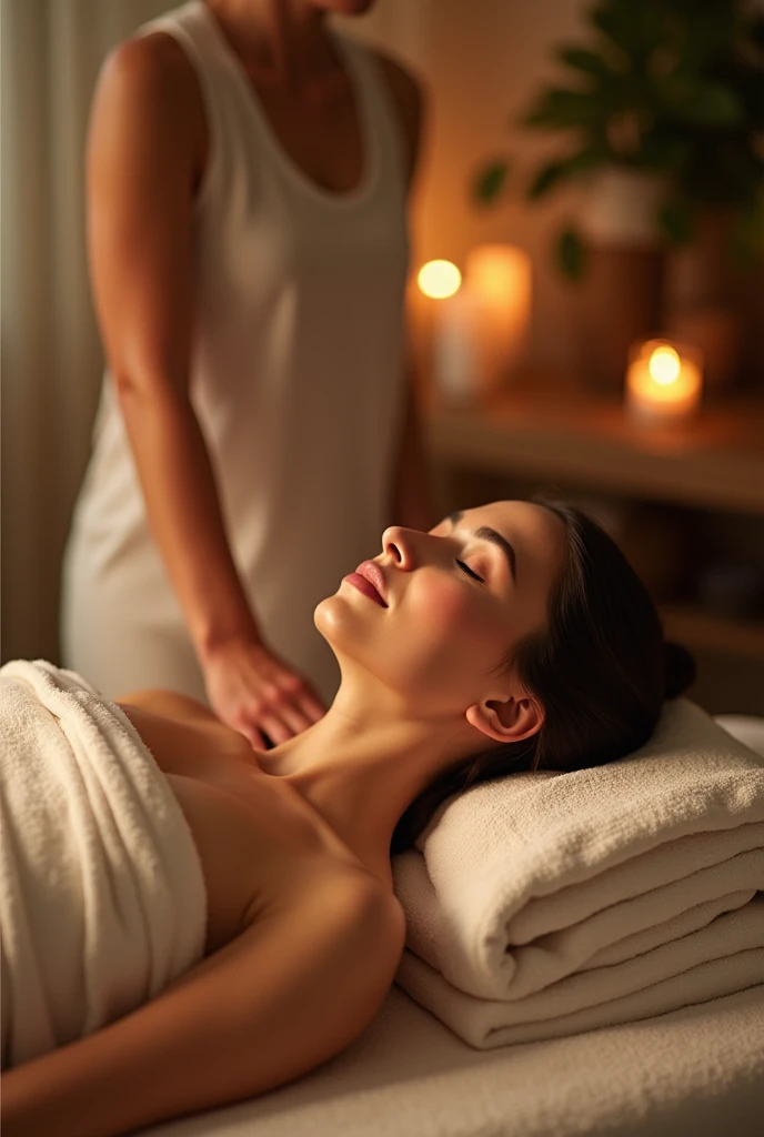 In an intimate and cozy corner, A beautiful woman rests peacefully on the massage table, her body extended in a posture that reflects deep relaxation and pleasure. Under the hands of an expert masseur, Every touch and movement releases accumulated tensions, creating a feeling of well-being that becomes an almost sublime experience. The intimate atmosphere of the room, with its soft lights and warm tones, accentuates the moment, transforming massage into a ritual of connection and care.