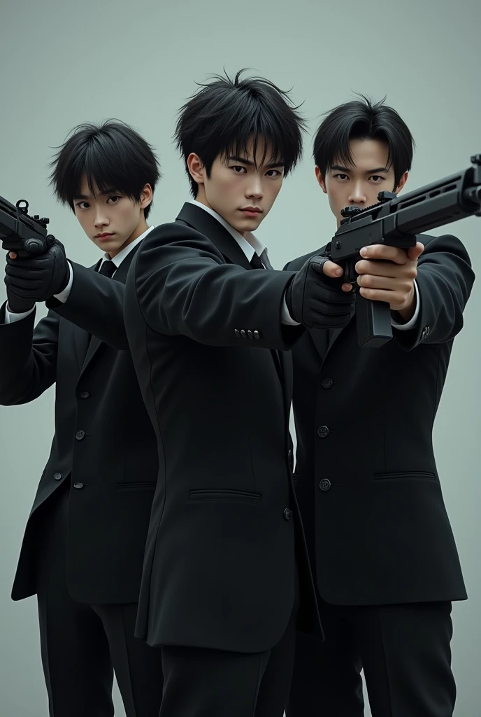 Three Japanese handsome male college students shoot each other with rifles。Full body black。The clothes are black。Gloves are black。Line up horizontally。point the gun here。Don&#39;t blur the background。Everyone has their guns or rifles ready.。