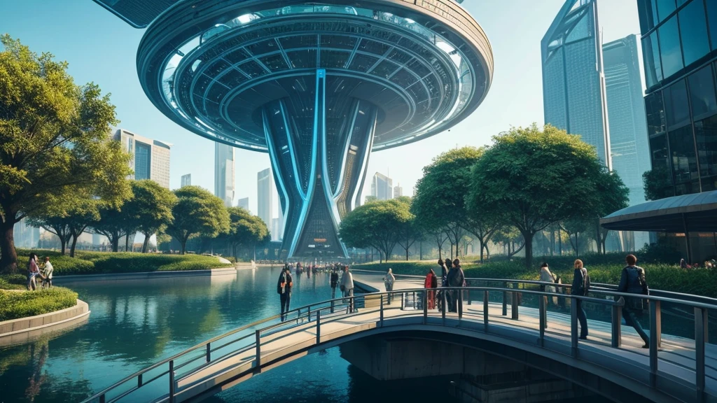 scifi, beautyful futuristic park, architectual, organic skyscraper, cyberpunk, futuristic, lake, people, hightech, hard-surface design, daylight, much tech, much electronic, very cozy, ambient light, realistic view, wide angle, year 2224