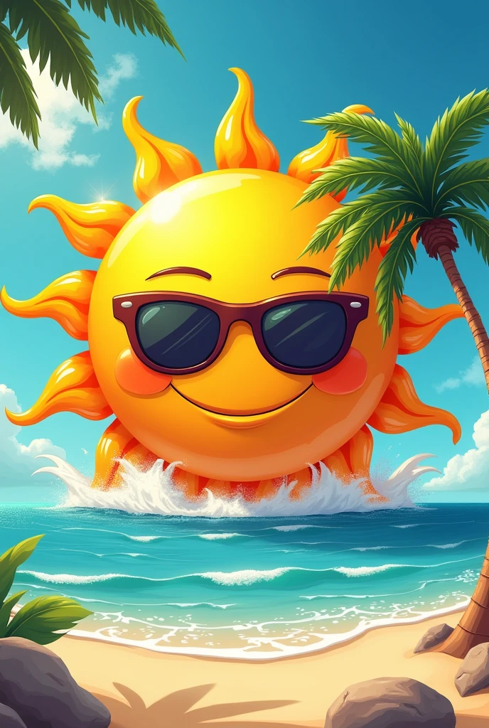 animated sun logo with sunglasses, from the sun some palm trees and a lively view of the beach,say tucupita tours  