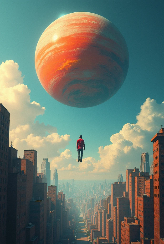 abstract A man flies through the sky，Surrounded by a planet，A variety of stranger city surround it.