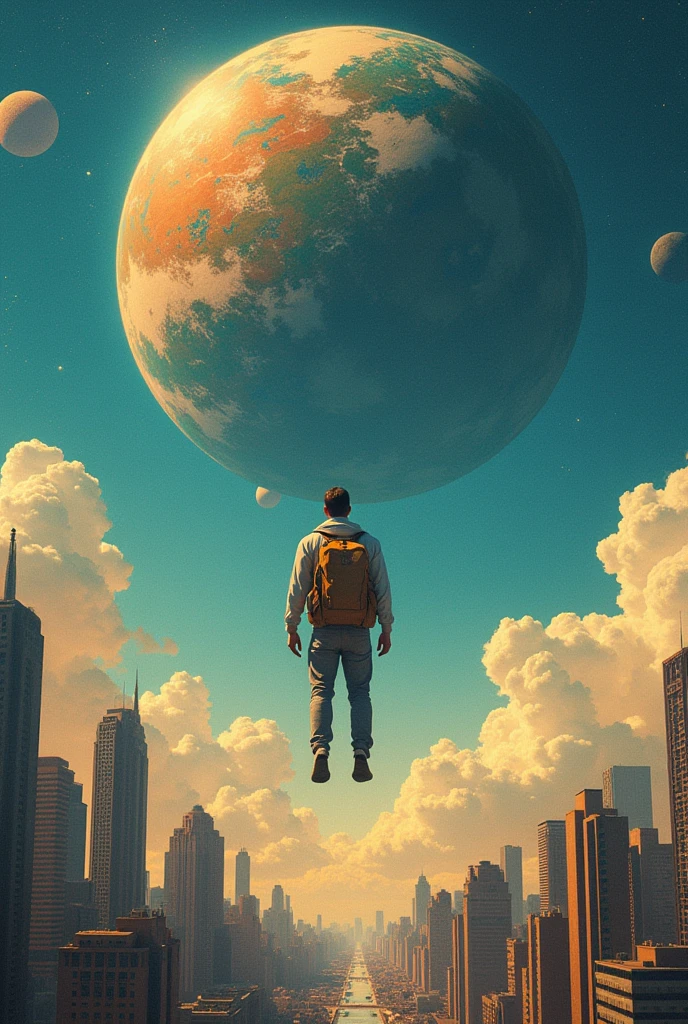 abstract A man flies through the sky，Surrounded by a planet，A variety of stranger city surround it.
