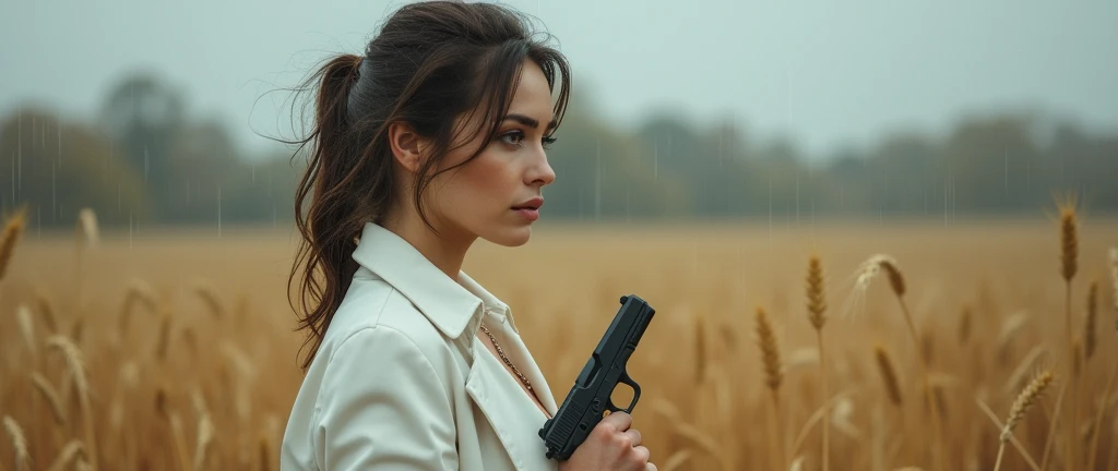 Naked woman in white coat, middle-aged woman, beautiful woman, open body, light autumn rain, full body portrait, staying in a wheat field, pistol with silencer in right hand, pistol with silencer, gun in right hand, profile shot from the right side, beautiful nipples, wind blows, full body photo