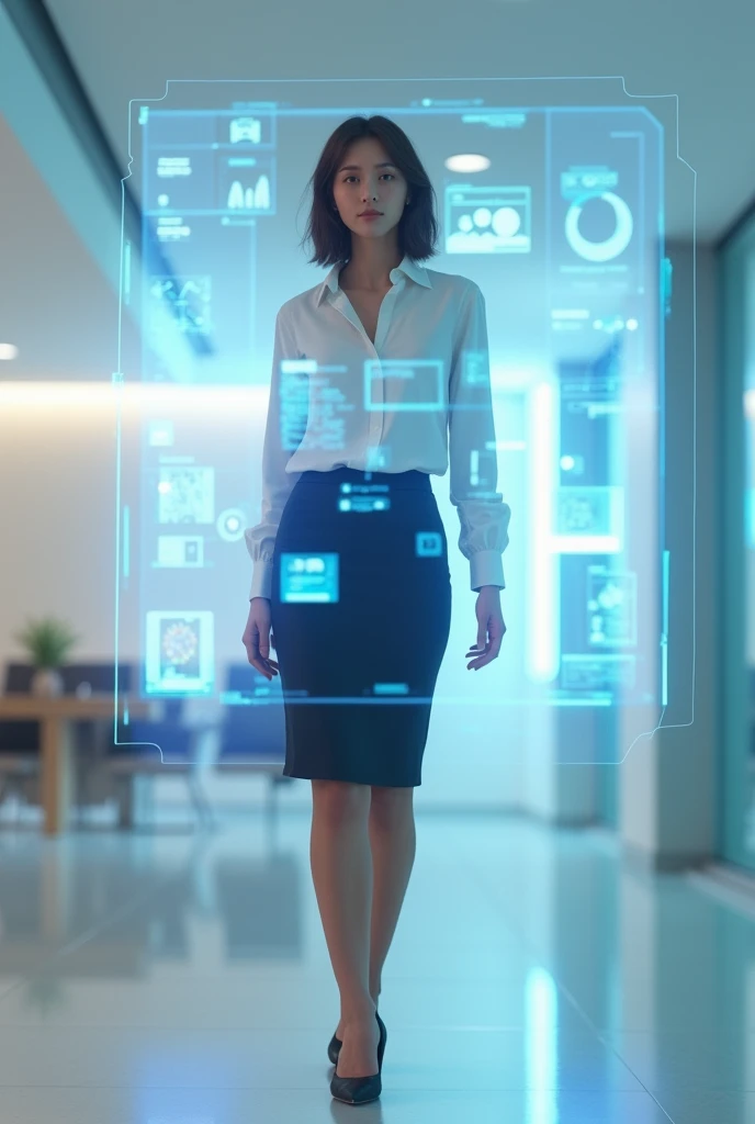 (photorealism:1.2), beautiful woman, swedish, brunette, assistant, pencil skirt, 18yo, corporate lobby, white floor and ceiling, blue lighting, hologram, projection, floating above ground, looking at camera, short hair