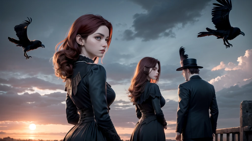 An extremely detailed portrait of a beautiful demonic gothic vampire in Victorian decor, perfectbody, (realistic mature woman), ((detailed back ground)), (Detailed gray sky), (detailed gothic suit), (detailedeyes). (Dramatic Light Piece)), ((ravens)), ((perfect detailed hands)), detailed cloud, ((intricate-detail)), (((mature woman))), Red hair strands with a jewel-like appearance), black hair long, ((())), (confusion), moonlights, ((surrounded by floating feathers and focus on the subject, Bright dark, Tuuli, Roadside, church, wallpaper hd, uhd image