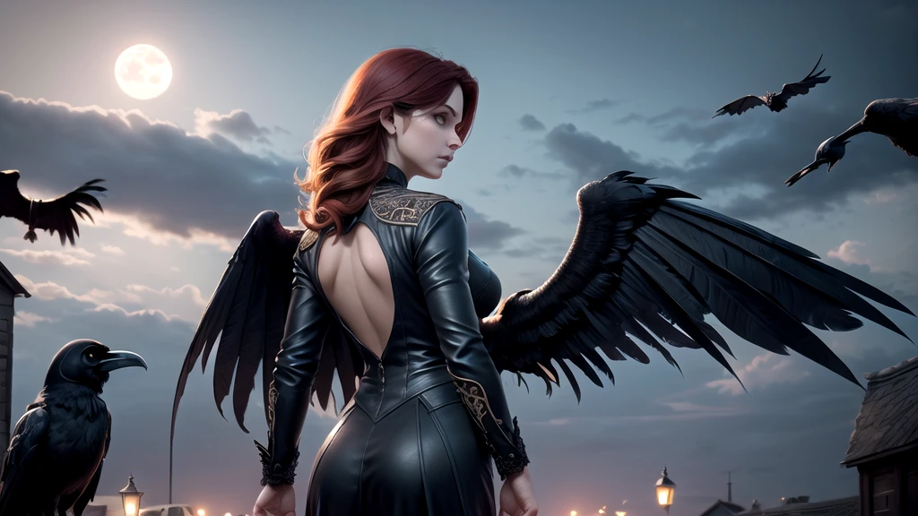 An extremely detailed portrait of a beautiful demonic gothic vampire in Victorian decor, perfectbody, (realistic mature woman), ((detailed back ground)), (Detailed gray sky), (detailed gothic suit), (detailedeyes). (Dramatic Light Piece)), ((ravens)), ((perfect detailed hands)), detailed cloud, ((intricate-detail)), (((mature woman))), Red hair strands with a jewel-like appearance), black hair long, ((())), (confusion), moonlights, ((surrounded by floating feathers and focus on the subject, Bright dark, Tuuli, Roadside, church, wallpaper hd, uhd image