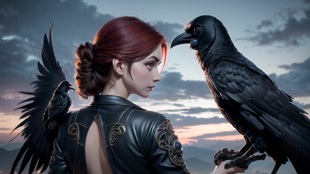 An extremely detailed portrait of a beautiful demonic gothic vampire in Victorian decor, perfectbody, (realistic mature woman), ((detailed back ground)), (Detailed gray sky), (detailed gothic suit), (detailedeyes). (Dramatic Light Piece)), ((ravens)), ((perfect detailed hands)), detailed cloud, ((intricate-detail)), (((mature woman))), Red hair strands with a jewel-like appearance), black hair long, ((())), (confusion), moonlights, ((surrounded by floating feathers and focus on the subject, Bright dark, Tuuli, Roadside, church, wallpaper hd, uhd image