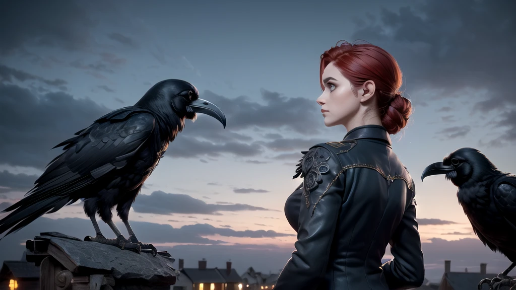 An extremely detailed portrait of a beautiful demonic gothic vampire in Victorian decor, perfectbody, (realistic mature woman), ((detailed back ground)), (Detailed gray sky), (detailed gothic suit), (detailedeyes). (Dramatic Light Piece)), ((ravens)), ((perfect detailed hands)), detailed cloud, ((intricate-detail)), (((mature woman))), Red hair strands with a jewel-like appearance), black hair long, ((())), (confusion), moonlights, ((surrounded by floating feathers and focus on the subject, Bright dark, Tuuli, Roadside, church, wallpaper hd, uhd image