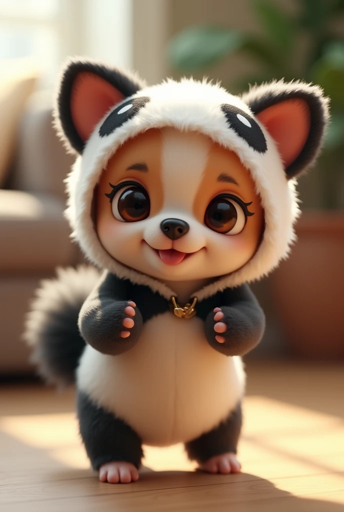 A small Chihuahua puppy standing facing forward with its front legs raised。
Big eyes with a cute, human-like expression。Slightly larger head than body。limbs are short。A fluffy, large tail。
He is wearing a fluffy panda costume.。Glossy texture。
Background is indoors。

