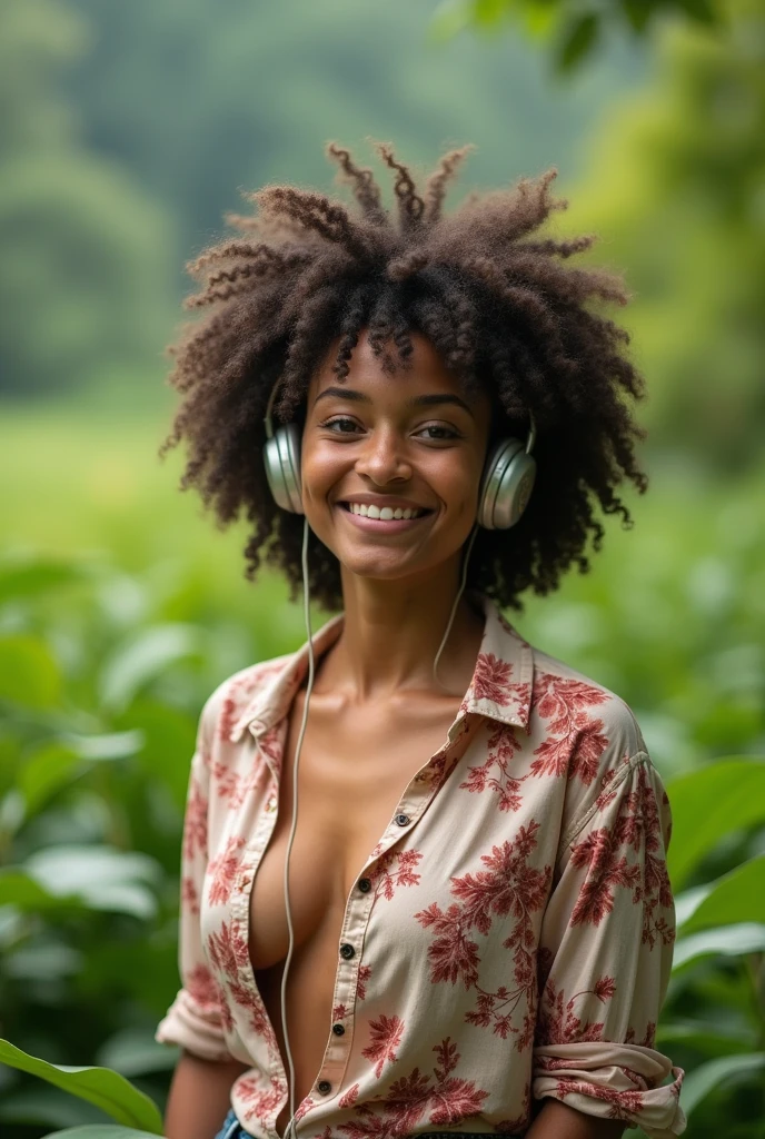 A Light Skin Indian woman in a lush landscape, wearing an open shirt with a floral print, wearing a headphone, with a close-up capturing the harmonious beauty between her breasts and the landscape, showing off your natural charm and outgoing personality.