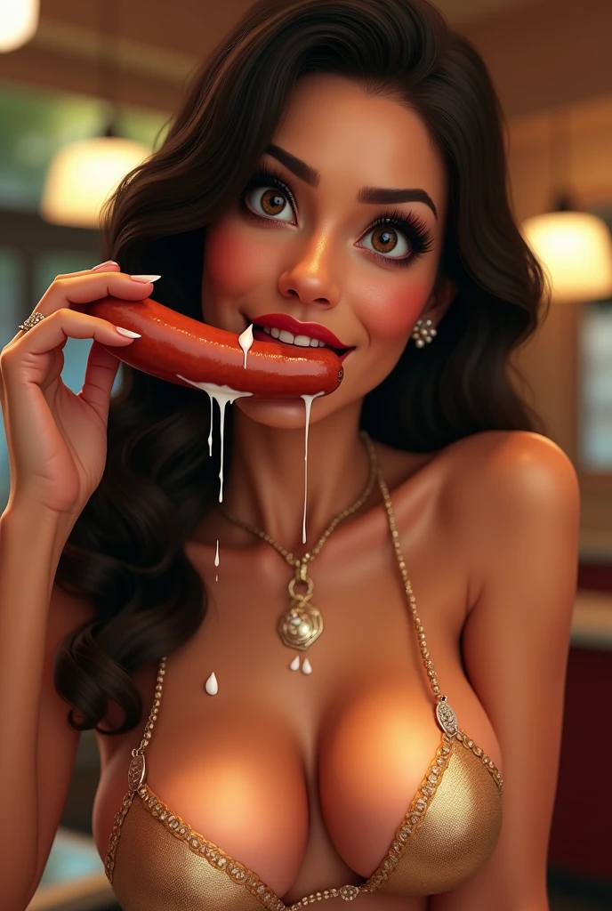 Sausage Movie Title Text="Sausage Party",  Adult Movie Poster starring Beautiful Brunette, light gold bikini and jewelry at the diner, Beautiful Brunette holding a juicy Sausage deep in her mouth. White cream splash on face and dripping off her lips and chin and dripping on her cleavage. Pixar Studio style.