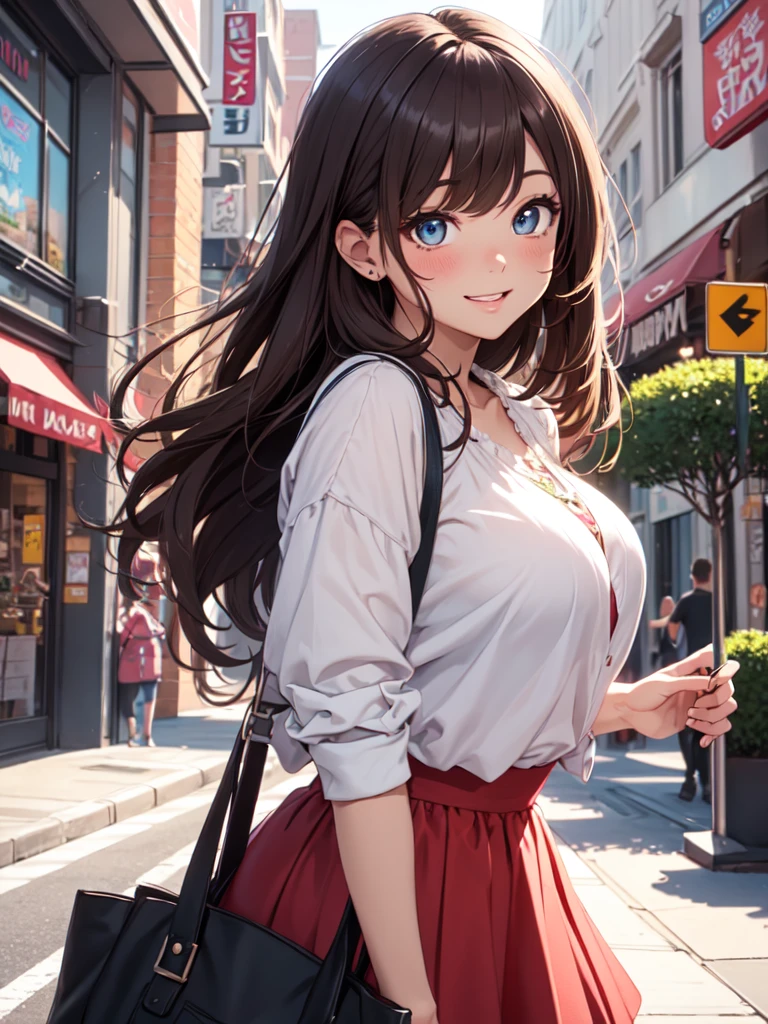 ((masterpiece)), ((best quality)), (ultra-detailed), ((kawaii)), cute, (lovely), ((extremely detailed)), 4K, (8K), best quality, (beautiful), illustration, body shot, dynamic pose, urban, summer day, young woman, a cute girl, 1girl, solo, college student, shopping, spree stylish attire, bright city streets, joyful energy, colorful bags, trendy shops, (beautiful hair), brown hair, (beautiful eyes), laugh, blush, natural lighting, ambient light, long shadows,