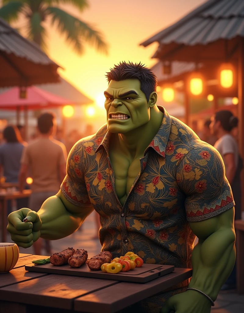 Nice and friendly Dr. Hulk wears batik, he orders lamb satay at Indonesian street food market place at late afternoon with beautiful sunset