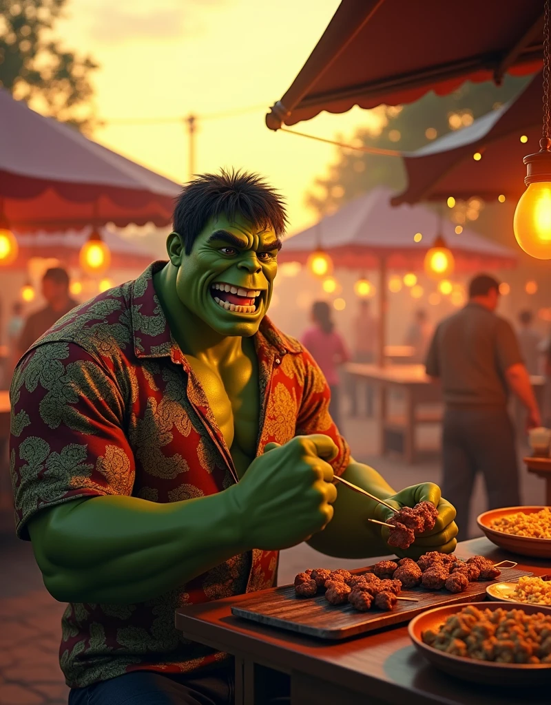 Nice and friendly Dr. Hulk wears batik, he orders lamb satay at Indonesian street food market place at late afternoon with beautiful sunset