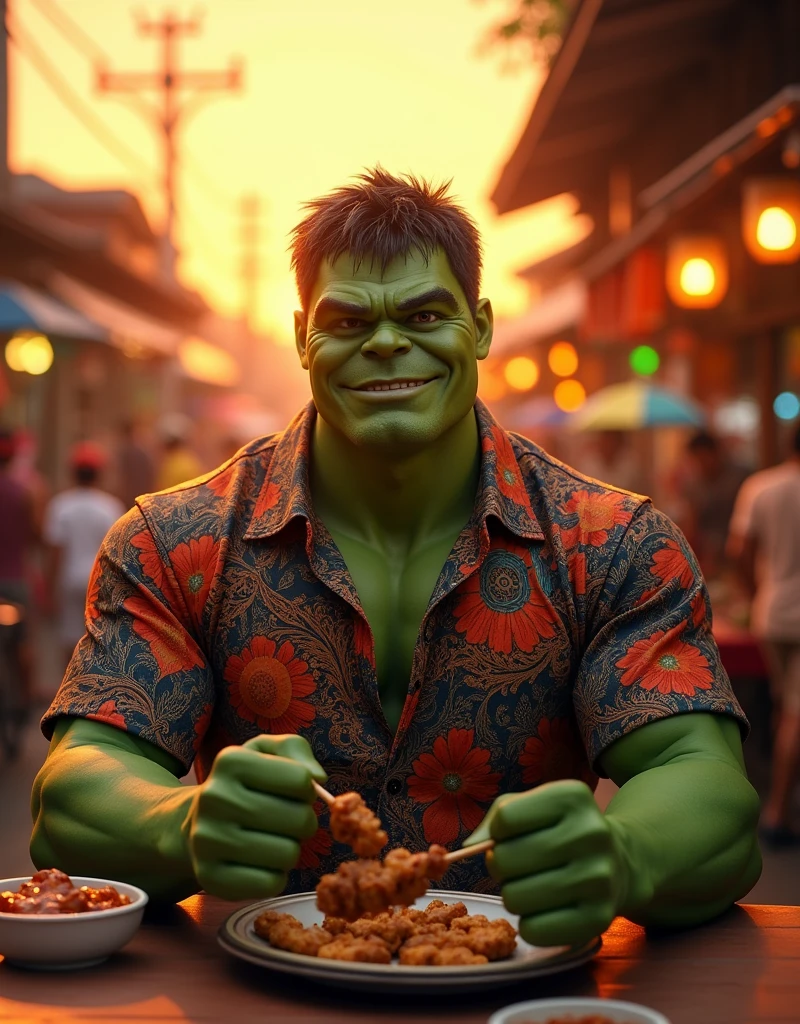 Nice and friendly Dr. Hulk wears batik, he orders lamb satay at Indonesian street food market place at late afternoon with beautiful sunset