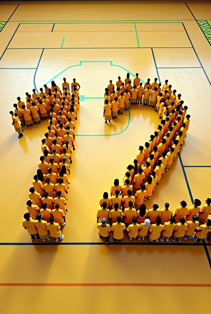 photo of people seen from an angle almost from above dressed in yellow forming the number twelve, court floor vestidas de camisa amarela