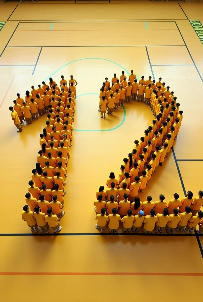 photo of people seen from an angle almost from above dressed in yellow forming the number twelve, court floor vestidas de camisa amarela 