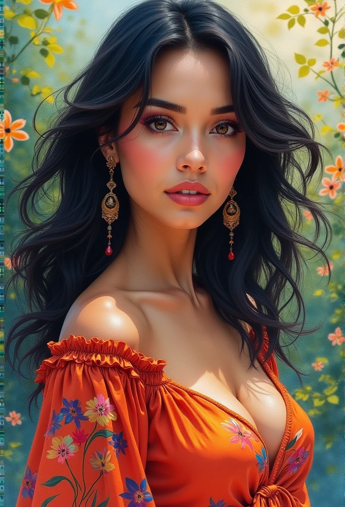 a water color painting of a Mexican woman with a silk shirt and a colorful background, gorgeous digital painting, beautiful character painting, elegant digital painting, fully clothed. painting of sexy, hd digital painting, beautiful digital painting, detailed painting 4 k, stunning digital painting, gorgeous woman, realistic female portrait, beautiful digital artwork, Mexican woman with black hair