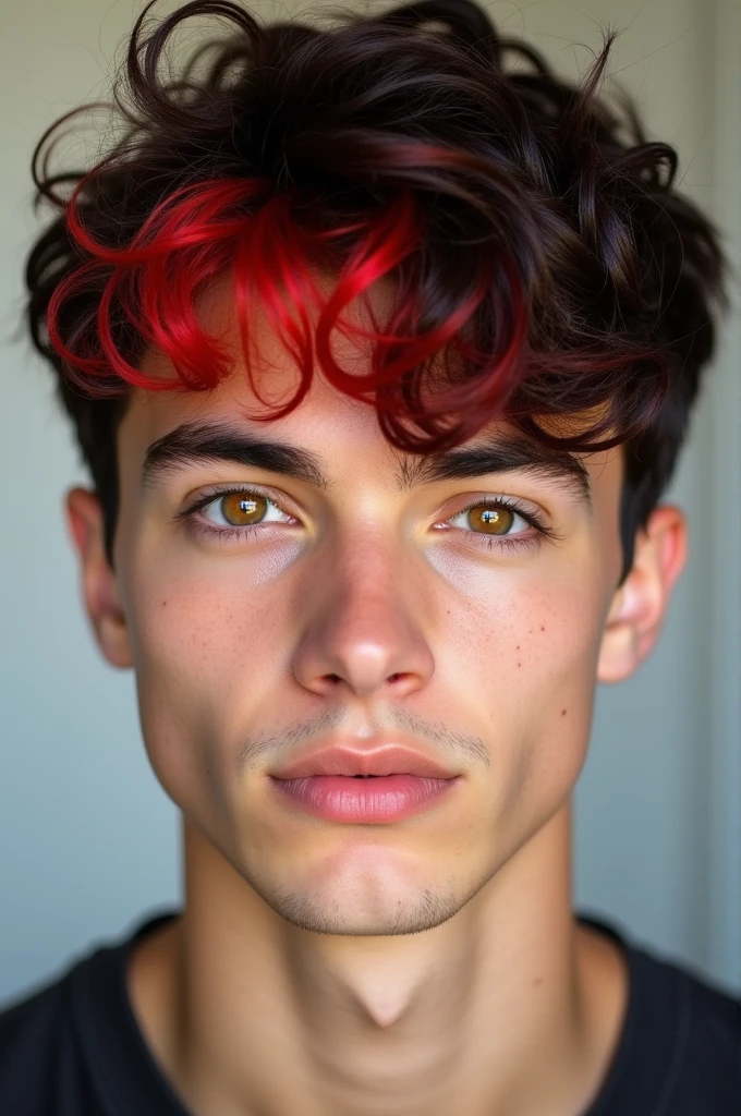 I want a 21 year old boy with short hair and red highlights with light brown eyes and wide vision