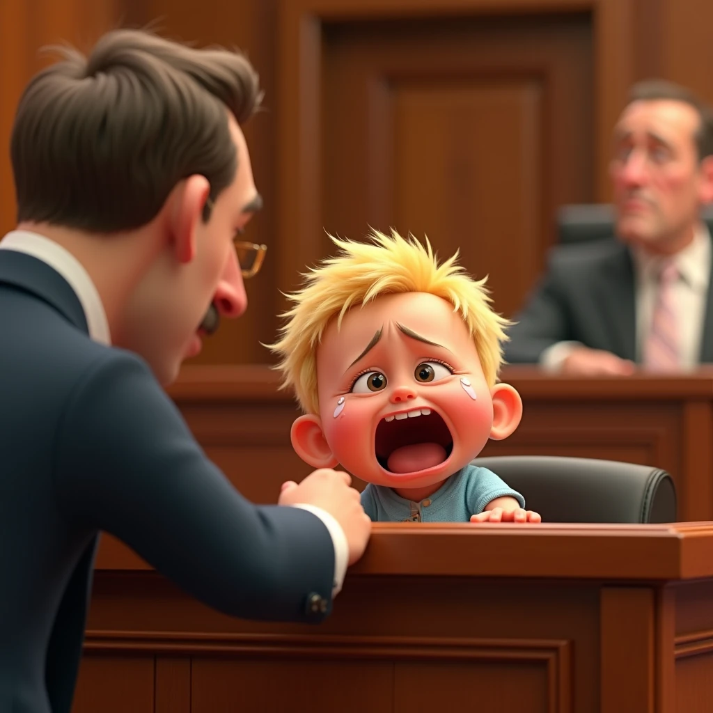 Im Stil von Pixar 3D- The animated film, Caricature. A baby with blond hair sits in the dock in court, crying tears and screaming. A lawyer sits next to him and embarrassedly holds his hand in front of his eyes.