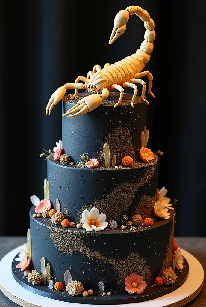 create a cute scorpion wedding cake with lots of glitter and put some black color on it 


