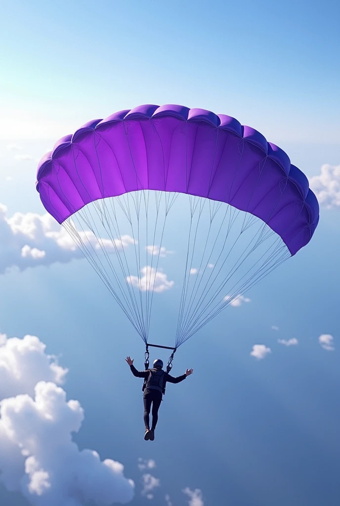 A skydiver with an open canopy in purple, with emphasis on the parachute canopy