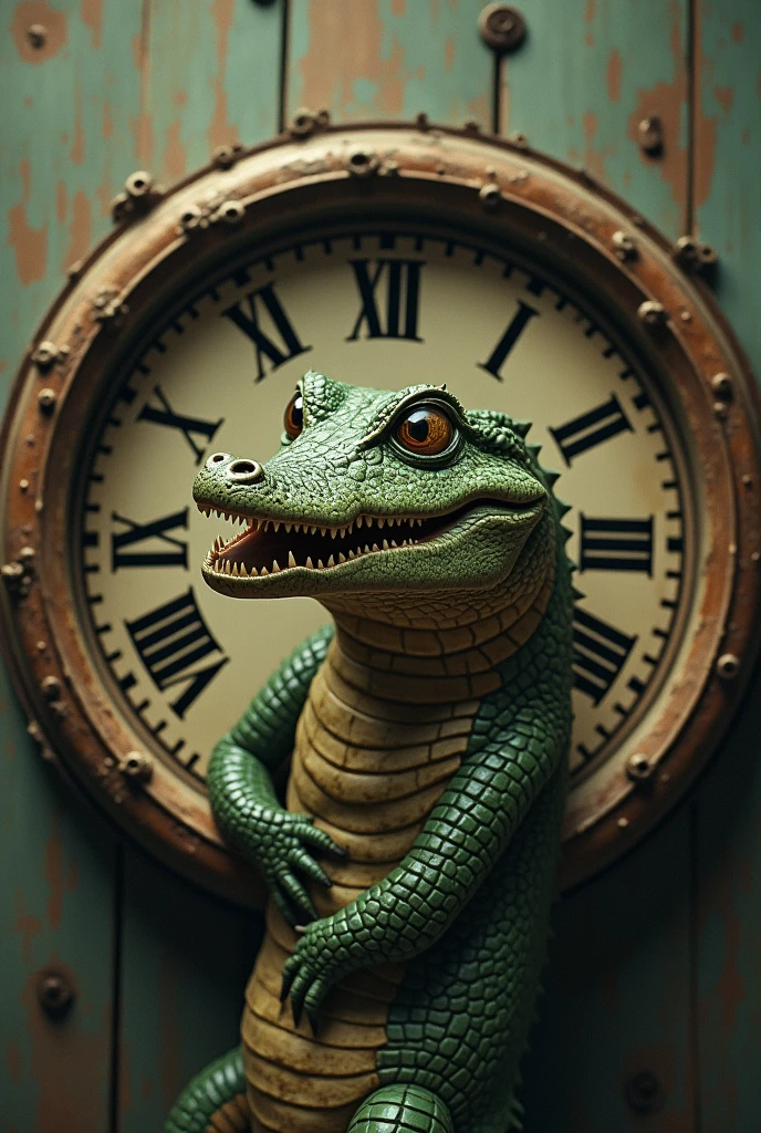 crocodile peeking out from behind a circular clock