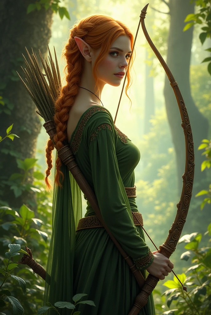 Fantasy: female elf, with bow, in a forest, braided ginger hair, blind on one eye