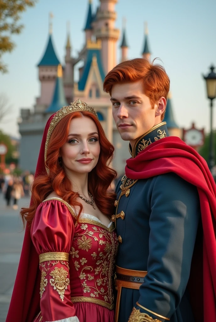 Redhead woman with her redhead boyfriend from the front ,with princess and prince clothes,big shiny castle background