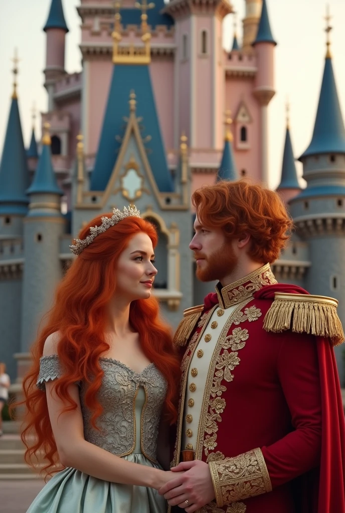 Redhead woman with her redhead boyfriend,with princess and prince clothes,big shiny castle background